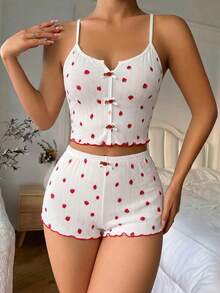 Conjunto de pijama de camisola & shorts con estampado de fresas para mujer, diseño de tirantes cruzados en la espalda, lindo & sexy - Blanco - Ver 3