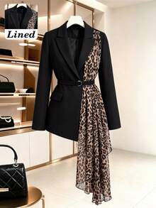 Women's Autumn/Winter Elegant Commute Chiffon Leopard Print Blazer With Lining, Ribbon Patchwork Design, Double-Breasted Adjustable Waist Belt, Long Sleeve - Black - View 1