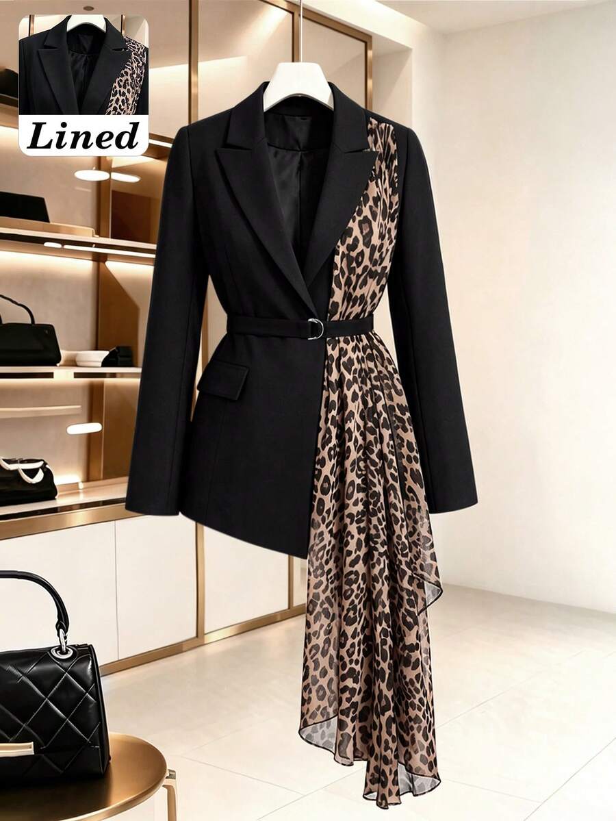 Women's Autumn/Winter Elegant Commute Chiffon Leopard Print Blazer With Lining, Ribbon Patchwork Design, Double-Breasted Adjustable Waist Belt, Long Sleeve - Black - View 1