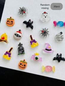20pcs New Random Assorted Halloween Cartoon Nail Art Charms, Funny Magic Ghost Pumpkin DIY Nail Rhinestone Accessories, Same As Nail Salon Style - Multicolor - View 3