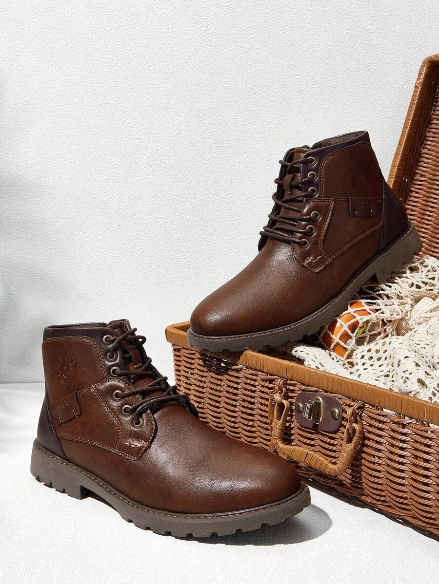 QRLQRL 1 Pair Men's Brown Round Toe Non-Slip Rubber Sole Casual Retro Ankle Boots For Daily Outdoor Wear In Autumn - Brown - View 1