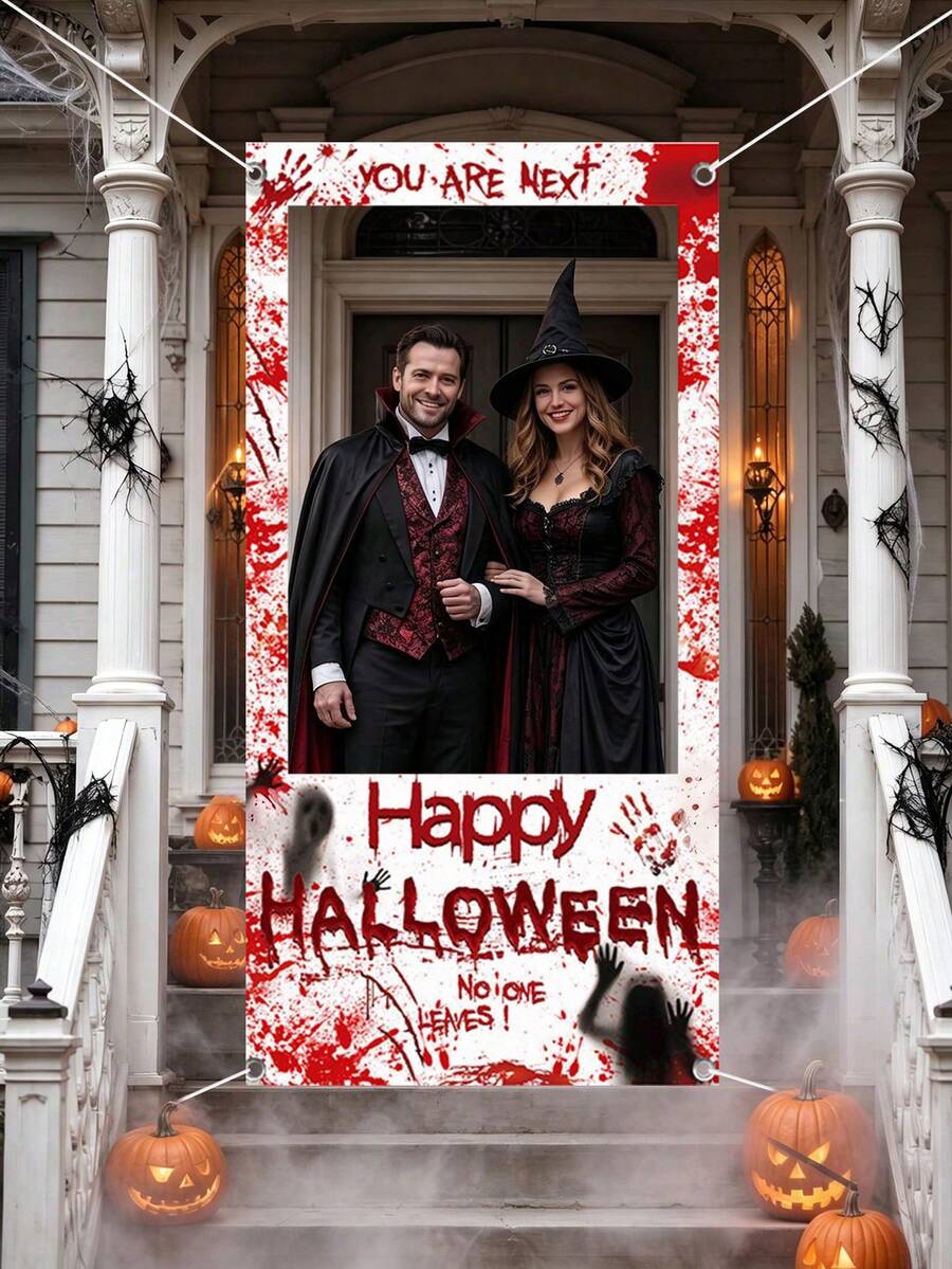 Halloween Party Photography Background, Halloween Theme Photo Frame Decoration, Photo Booth Backdrop With Blood Hand Design, For Halloween Party Supplies, Holiday Party Background Decor, Indoor Outdoor Party Decor, Horror Atmosphere Party Decoration - Terrifying Handprint - View 1