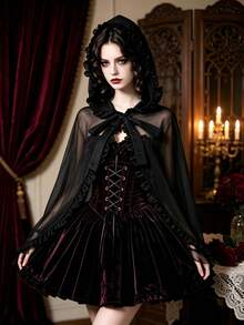 Selendang Jala Berkerudung Ruffle Gaya Gothic Gelap untuk Wanita, Jubah Pendek Lolita Bertali untuk Halloween, Pakaian Luar Vampir - Hitam - View 4