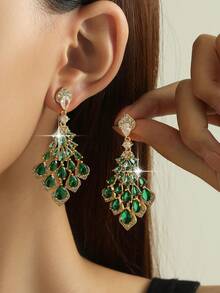1 Pair Gorgeous Gradient Green Zirconia Peacock Tail Shaped Long Pendant Earrings, Eye-Catching Jewelry, Suitable For Banquet, Wedding, Party, Ball And Birthday Gift - Green - View 3
