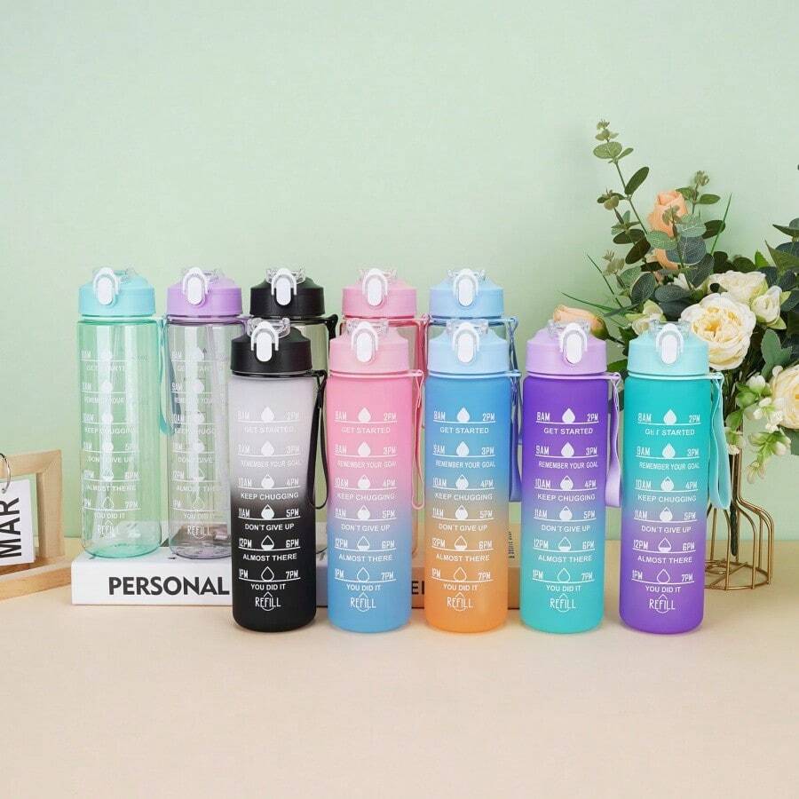 2 Botol Minum Warna Pelangi, Gelas Sedotan Gradien, Botol Minum Motivasi dengan Skala Waktu dan Tali Gantungan Portabel, Botol Minum Langsung - MultiWarna - View 1