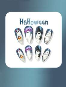 Halloween, 24pcs/Set Medium-Long Cat Eye Dark Night Cute Ghost Design Full Coverage Press-On Nails, Includes: 1pc Jelly Glue And 1pc Nail File, Suitable For Women And Girls Daily, Party And Other Occasions. - Multicolor - View 2