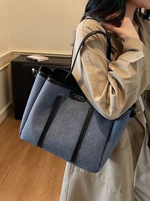 1件女款拼色PU多隔層單肩托特包，大容量時尚手提包，適合外出、購物、約會，適合作為禮物 - 彩色 - 查看 7