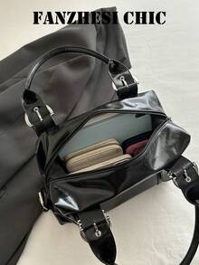 Black Shiny PU Handbag, Silver Rivet Decor D-Ring Adjustable Top Handle Small Shoulder Bag For Street Daily Outfit - Black - View 4