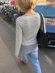 Women's Striped V-Neck Long Sleeve Knit T-Shirt, Button Detail Design, Suitable For Autumn/Winter Casual Wear. Autumn Sports Casual Daily Top. - Light Grey - View 9