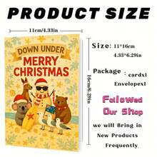 1 Greeting Card + 1 Envelope Cheerful Australian Christmas Greeting Card, Beach Animals With Surfboard "Down Under Merry Christmas", For Friends, Summer Holiday Vintage Style Festive Card. - View 3