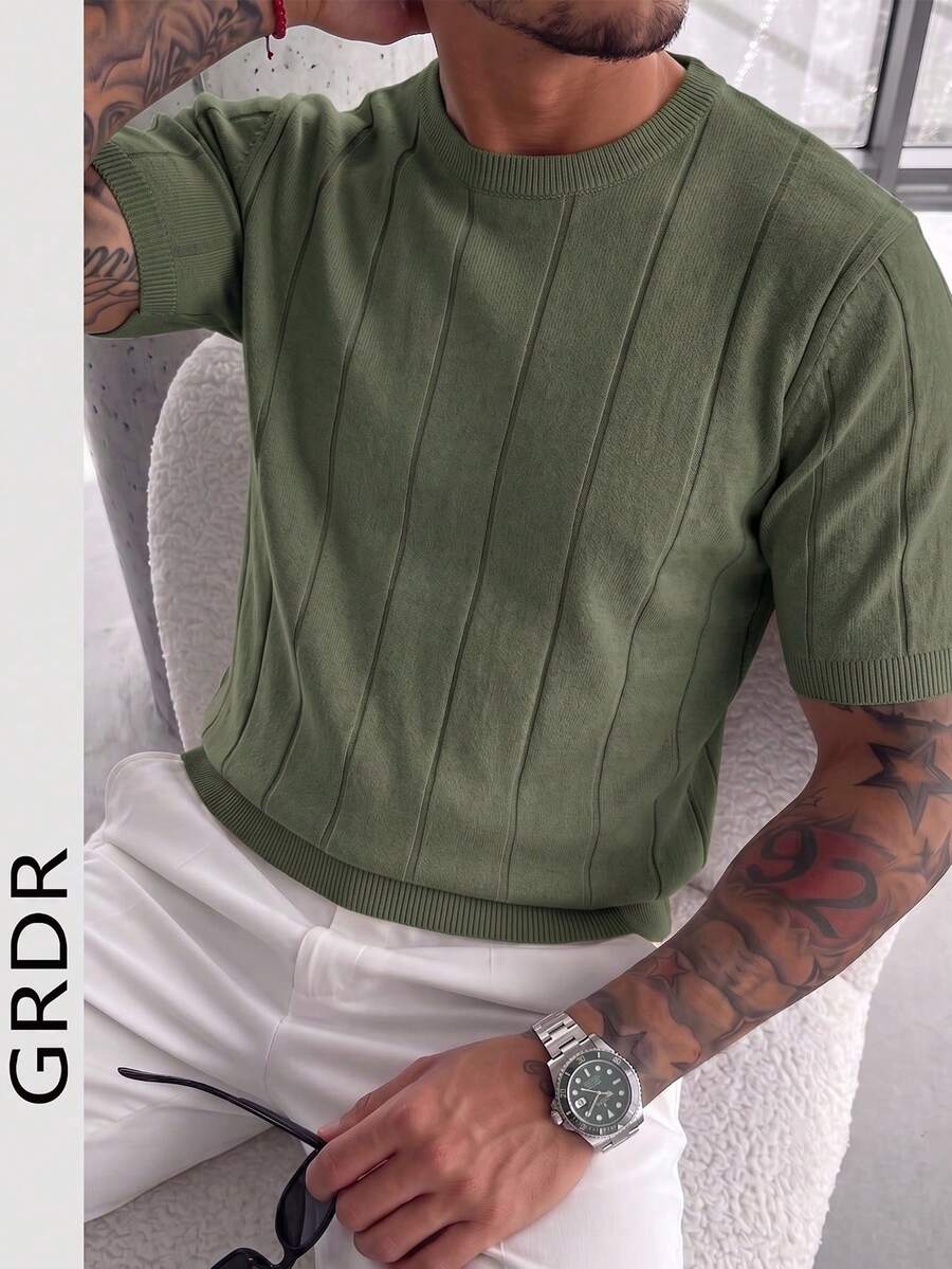 Men's Spring/Summer Ribbed Crew Neck Thin Loose Knit Short Sleeve Sweater