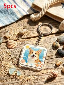 Llavero cuadrado personalizado con foto de mascota, adorno conmemorativo de mascota con patrón de concha de playa, regalo único para dueños de perros y gatos - Multicolor - Ver 6