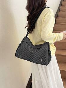 Dedoo Black Plaid Nylon Large Capacity Crossbody Bag With Drawstring, Casual Shoulder Bag, Lightweight Commuter Travel Student Handbag - Black and White - View 4