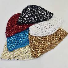 1pc New Adult Hollow Out Sequin Handmade Hat, Solid Color Cotton Yarn Hair Cap, Fashionable Fishnet Headwear For Styling - Multicolor - View 6