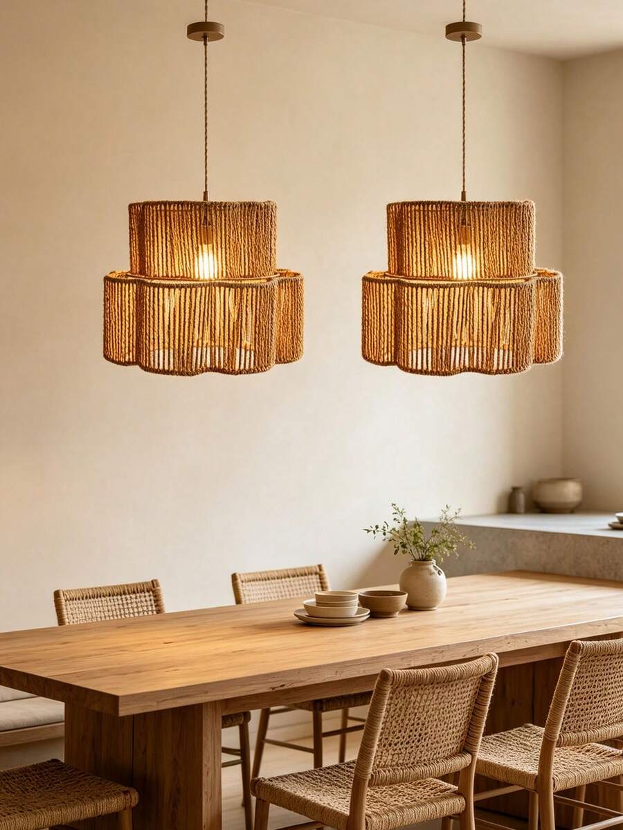 1 pièce Grand abat-jour en corde de papier style Wabi-Sabi à vagues de pétales, luminaire suspendu/plafonnier en rotin synthétique tressé creux fait main, accessoire d'éclairage d'ambiance pour décoration intérieure INS/chambre/salon/cuisine, B&B, restaurant, fête de remise des diplômes - Fleur à deux étages - Voir 1