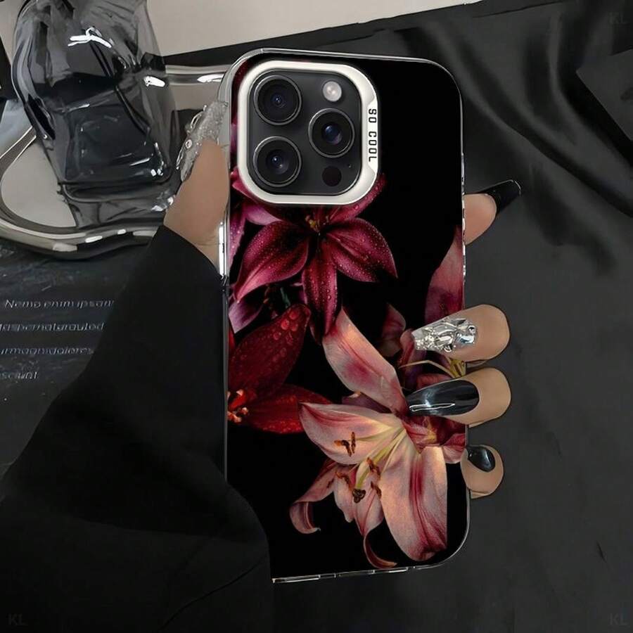 Funda para teléfono:1Negro vintage con lirios rojos IMD Funda de teléfono con láser,Adecuado para Apple iPhone16 15 14 13 12 11 Mini Plus Pro Max SE Serie, Funda protectora con estilo,Funda de teléfono a la moda,Protección transparente simple y de cobertura total,Lindo. - Plata - Ver 1