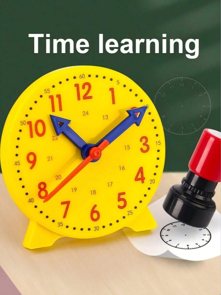 1pc Learning Clock - Yellow Clock Model Set, Used For Time Recognition, Hour, Minute, Second Recognition Learning Tool, Colorful Clock Teaching Aid, Back To School Season Essential - Yellow - View 1