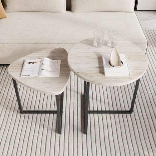 Set Of 2 Round Coffee Tables – Industrial Design Wooden Side Tables For Living Room, Modern Coffee Table - 白色 - 查看 1