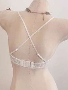 French Style Lace Halter Neck Bra For Women, Push-Up Backless Sexy Minimalist Sexy Design, Wireless Soft Support Bra For Small Chests [Flat Chest Special] - Baby Blue - View 4