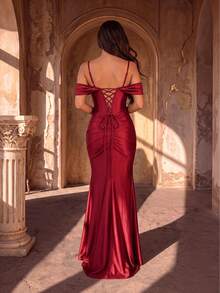 Burgundy Satin Off-Shoulder Corset Evening Gown, Sexy Slit Bodycon Mermaid Long Dress For Party, Gathering And Banquet - Burgundy - View 2