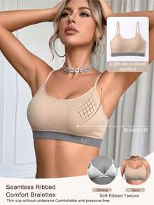 1pc Nude Contrast Color Ribbed Hem U-Neck Adjustable Spaghetti Strap Wireless Bra, Built-In Flexible Silicone Strip 3D Support, 3-Layer Skin-Friendly High Elastic Detachable Padded Cups, Soft High Elastic Vertical Ribbed Breathable Knit Fabric, Wide Back Coverage To Prevent Side Spill, Wireless All-Day Comfort Fit; Suitable For Daily Commute, Yoga, Home Sleep, Summer Layering - Apricot - View 3