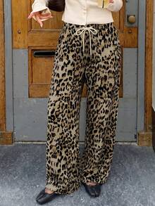 Women's Pink Leopard Print Drawstring Straight Leg Casual Pants With Pockets, Lightweight Stretchy Polyester Fabric - Coffee Brown - View 5