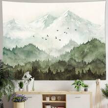 1件寧靜山林掛毯－霧綠樹林風景水彩藝術，含雪山與飛鳥，聚酯纖維壁掛，適合安靜臥室與客廳裝飾，臥室牆面裝飾 | 寧靜設計 | 聚酯纖維布料，風景裝飾掛毯 - 彩色 - 查看 4