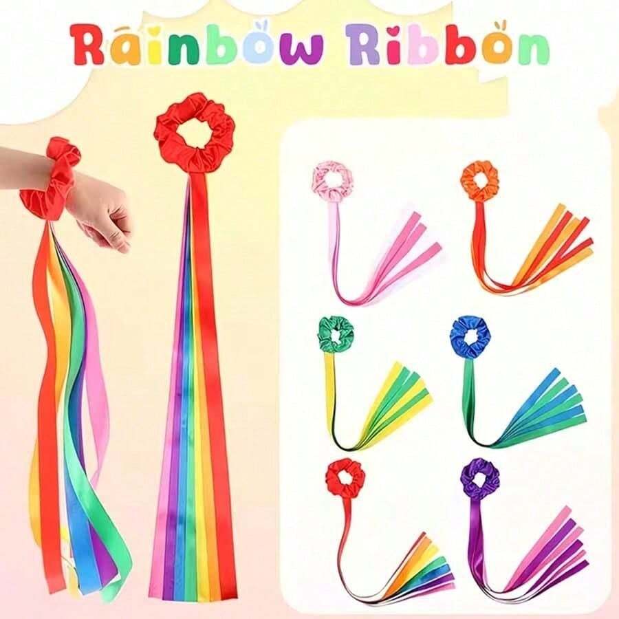 2pcs Rainbow Wristband Set, Adult Dancer Colorful Satin Ribbon, Artistic Gymnastics Dance Streamer Colorful Elastic Satin Ribbon, Handheld Artistic Tassel Dance Prop Gift, Bowknot Decoration, Suitable For Birthday Party, Outdoor Sports, Various Colors (Random) - Multicolor - View 1