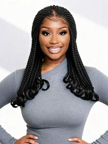 A ANYTIME Fashionable Mid-Length Braided Wig, Transparent HD Lace Box Braids, Soft Curly Ends, Realistic Scalp Lightweight Protective Braided Wig, Suitable For Daily Wear And Parties, Halloween - Multicolor - View 2