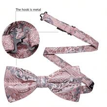 5Pcs Men Pink Tropical Plant Jacquard Bow Tie Pocket Square Detachable Cufflinks Ring Boutonniere Set, Cufflinks Random Pattern, Wedding Formal - Pink - View 3