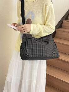 Dedoo Black Plaid Nylon Large Capacity Crossbody Bag With Drawstring, Casual Shoulder Bag, Lightweight Commuter Travel Student Handbag - Black and White - View 8