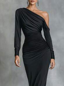 Vestido femenino más vendido unicolor negro hombros descubiertos falda larga sofisticado - Negro - Ver 4
