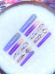10 Peças Unhas Postiças Longas Feitas à Mão, Unhas Falsas com Degradê Roxo, Strass em Formato de Coração e Laços Brancos, Múltiplos Formatos com Incrustação de Glitter Holográfico de Cristal Prateado, Estilo Luxuoso Brilhante e Doce, Adequado para Festa, Casamento, Presente de Aniversário, Inclui Cola de Gelatina e Mini Lixa de Unha - Multicolorido - Visão 3