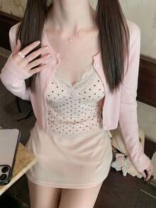 韓系柔和粉色短版針織女款圓領修身顯瘦單排扣長袖上衣 百搭秋季 - 粉色 - 查看 4