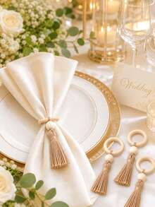 1/2/6/12pcs Wood Ring Beige Tassel Napkin Rings, Wooden Bead Buckle, Boho Rustic Wedding Table Decor, Bridal Shower Banquet Farmhouse Dinner Party Table Setting Decorative Napkin Holders - Multicolor - View 8