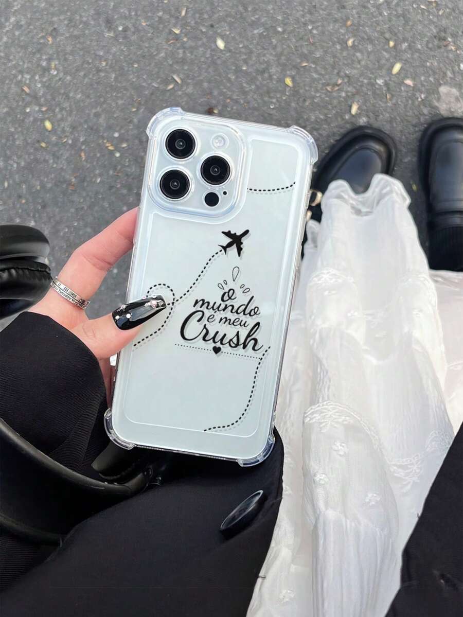 Minimalist Aesthetic Airplane Route Handwritten Quote Clear Airbag Phone Case With Full Wrap Lens Protection For IPhone17 16 15 14 13 12 11 Pro Max - Clear - View 1