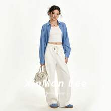 Minimalist Loose High-Waist Skin-Friendly Breathable Casual Sweatpants With Pockets Long Pants For College Home Daily Wear - Apricot - View 2