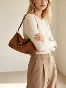 1pc Camel Color Suede Patchwork Shoulder Bag, Niche Design Underarm Bag, Round Pendant Handbag, Fashion Commute Vintage Texture Women's Bag, Daily Casual Clutch - Camel - View 5
