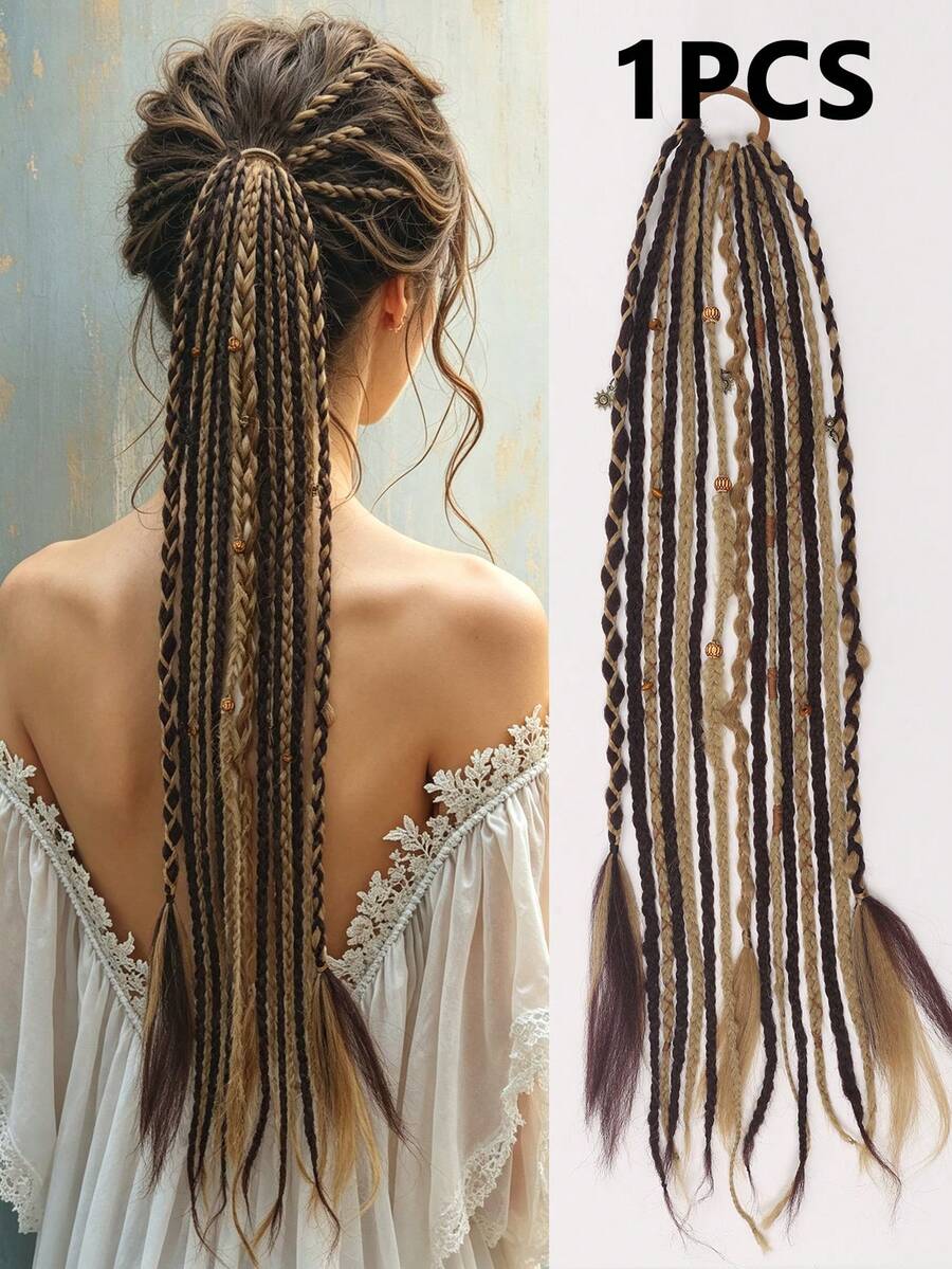 Wig ekor kuda sintetis kepang tangan gaya Bohemian 24 inci (1 buah), ideal untuk pemakaian sehari-hari & liburan.