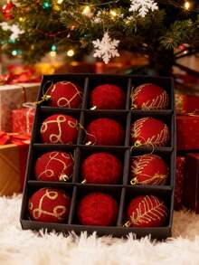 12pcs Burgundy Flocked Christmas Balls, Flocked Christmas Tree Hanging Ornaments, Suitable For Decorating Christmas Tree And Various Holiday Arrangements, Christmas Decorative Balls - Multicolor - View 5