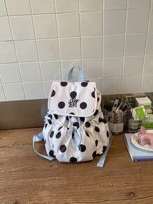 Mochila con patrón de lunares dulces, 4 colores disponibles, diseño con solapa y cordón, bolsillos laterales plisados, ligera y compacta, adecuada para uso diario y al aire libre - Multicolor - Ver 4