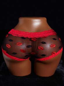 Women's Sexy Panties, Lip Print, Bow Decor, Lace Patchwork, Contrast Color Mesh, Comfortable Cute Semi-Sheer Loungewear Underwear - Burgundy - View 6