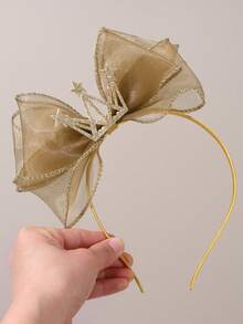 1pc Crown Birthday Bow Headband Champagne Mesh Hair Band Suitable For Birthday Parties And Special Occasions As A Gift For Girls - Champagne - View 3