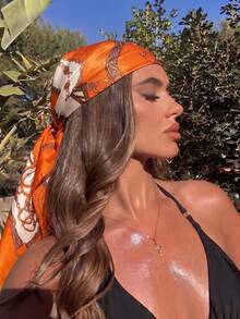 1pc Bohemian Luxury Vintage Chain Print Women's Scarf/Bandana, French Vintage Style Versatile Silk Scarf, All-Season Wear For Women, Can Be Used As Neck Scarf, Headband, Hair Wrap Or Shawl, Suitable For Spring/Summer Beach Vacation, Street Fashion Matching, Ideal Choice To Enhance Overall Look, Travel Essential, Beach Towel - Burnt Orange - View 2