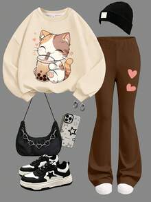 2pcs/Set Girls Outfit, Cute Pearl Milk Tea Cat Print Sweatshirt + Flared Pants, Soft Fabric Casual Streetwear - Apricot - View 2