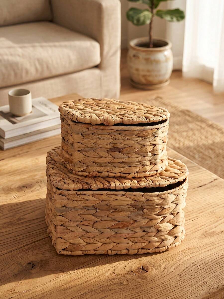 2pcs/1pc Kotak Pengelola Kabel Anyaman Eceng Gondok dengan Tutup, Pengatur Kabel Anyaman dengan 2 Slot Sisi Terbuka untuk Menyembunyikan Kabel dan Tali, Keranjang Penyimpanan Boho, Penyembunyi Kabel Meja Modern, Dekorasi Lantai Ruang Tamu, Kamar Tidur, Kantor, Pengatur Kotak Kabel Anyaman, Solusi Penyimpanan Rumah Bergaya Pedesaan - Jahe - View 1