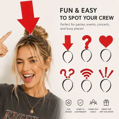 2 Sets Creative 3D Arrow Funny Headbands, 6 Styles Available, Multiple Style Combinations, Red Non-Woven Fabric 3D Design With Anti-Slip Black Headband, Arrow / Question Mark / Heart / WiFi / Exclamation Mark Funny Shapes, Lightweight Material Comfortable To Wear, Suitable For Team Building, Party, Birthday, Concert, Travel, Eye-Catching Design Easy To Find Companions, Funny Headwear With Great Atmosphere