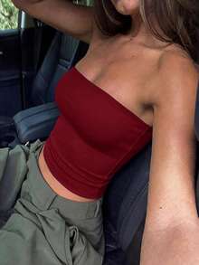 女款夏季性感辣妹休閒百搭 Y2K 風格抹胸上衣 - 酒紅色 - 查看 7