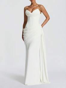 Strapless Draped Neckline Mermaid Floor Length Red Carpet Glam Dress - White - View 3