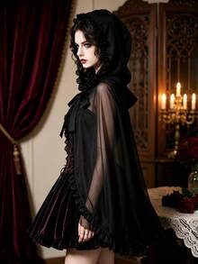 Selendang Jala Berkerudung Ruffle Gaya Gothic Gelap untuk Wanita, Jubah Pendek Lolita Bertali untuk Halloween, Pakaian Luar Vampir - Hitam - View 2